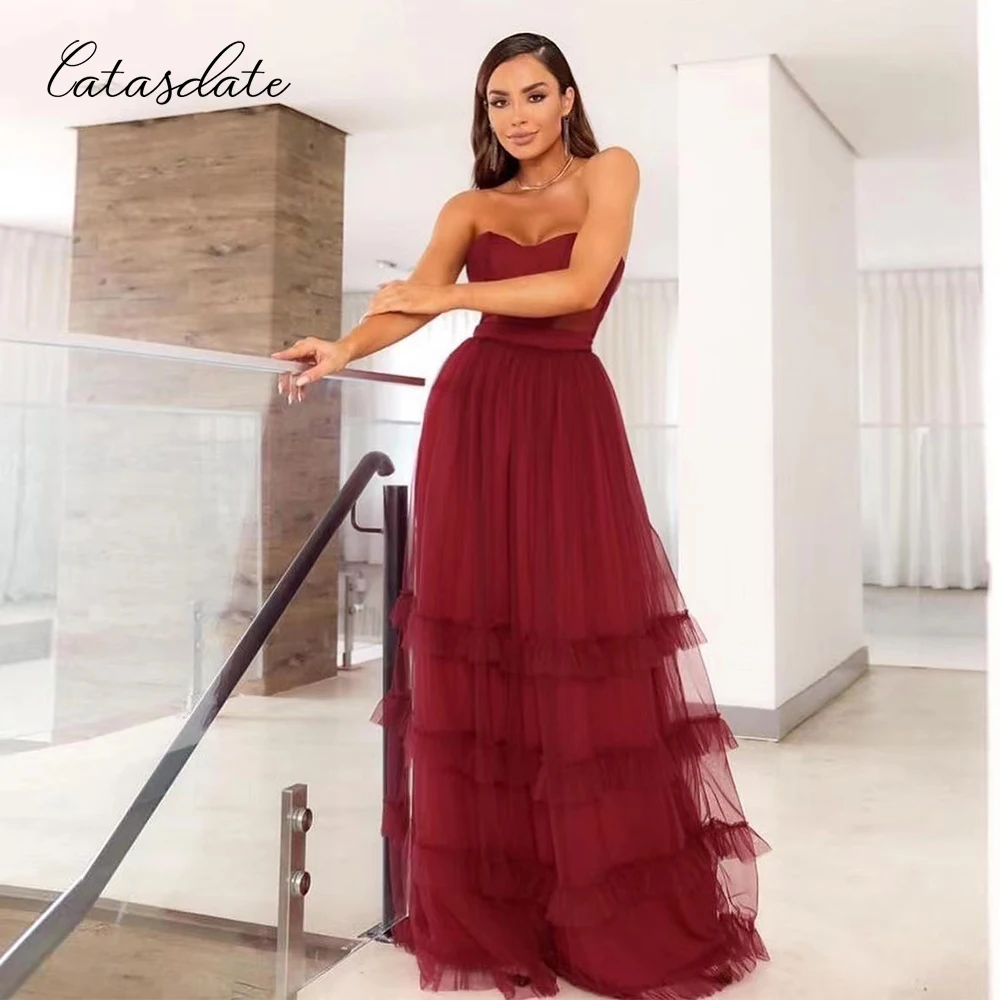 Catas date Burgunder Abend party Kleid eine Linie Tüll Ballkleid für Weihnachten Party Kleid formelle Hochzeit Verlobung kleid Vestidos