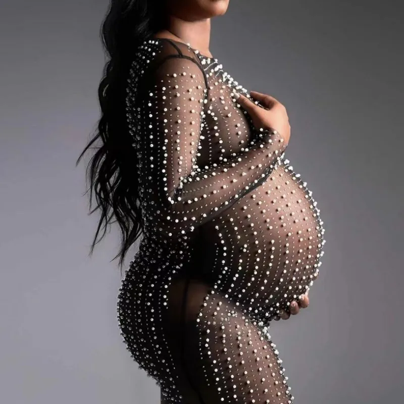 Maternity Photography Dress Sexy Pearl Lace Tulle Dress Women Pregnancy Robe Photo Shoot Props Bikini Cover-up Female Beachwear