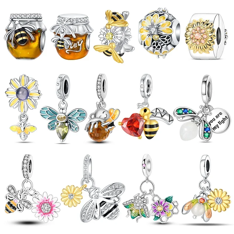

925 Sterling Silver Insect Yellow Sunflower Firefly Bee Honey Pot Dangle Charms Beads Pendant Fit Bracelet Necklace DIY Jewelry