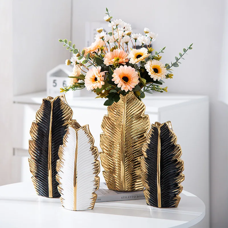 25CM Gold Plated Leaf Ceramic Vase Home Decor Creative Design Porcelain Decorative Flower Vase For Wedding Decoration