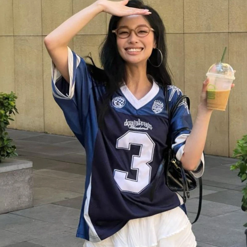 

Пара футболок из джерси в стиле ретро с v-образным вырезом Y2k, одежда, футболка с короткими рукавами, летние свободные повседневные спортивные топы с рукавами на плечах High Street