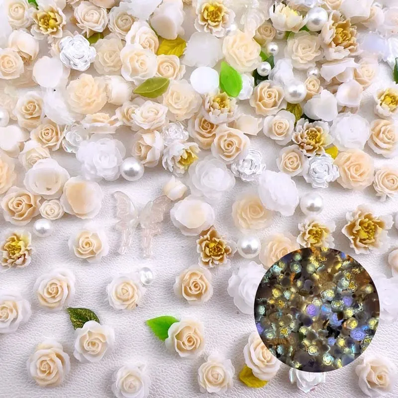 50pcs Random Mixed Resin Nail Charms Leaf Pearl Camellia Rose Flower Nail Art Decorations Accessories Manicure DIY Crafts