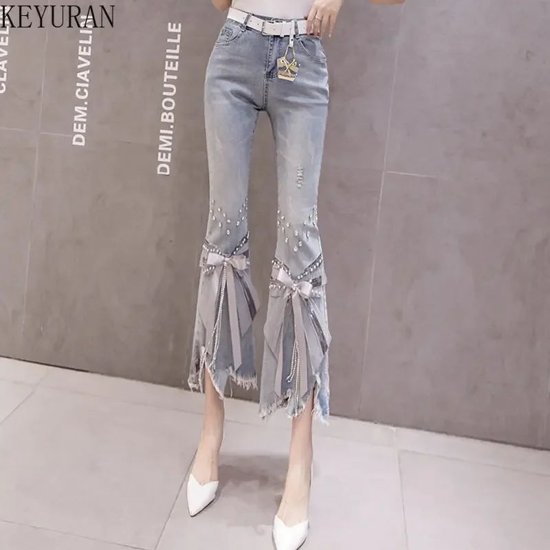 High Waist Jeans Women Ripped Cropped Jeans Women's 2025 Spring Summer New Irregular Beaded Bow Flared Denim Pants Ladies Jeans