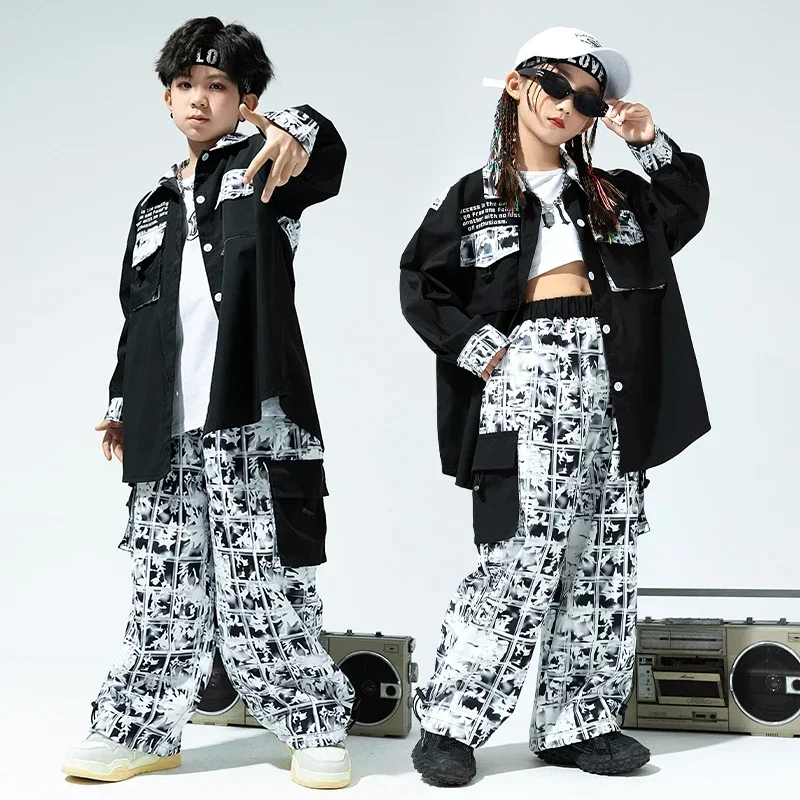 Streetwear for Girl Boy Jazz Dance Costume Clothes Set Kids Hip Hop Clothing Oversize Graffiti Print Jacket Casual Cargo Pants