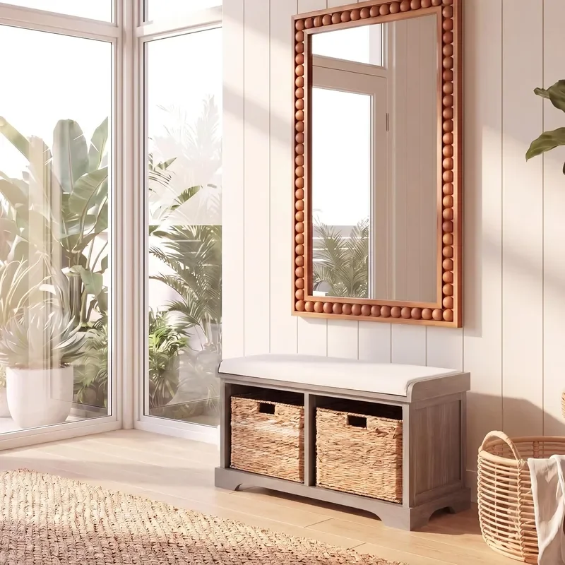 Freddy 2-Basket Storage Bench White Washed Solid Wood Coastal Basket Storage Design Ideal for Entryway Living Room Hallway 18