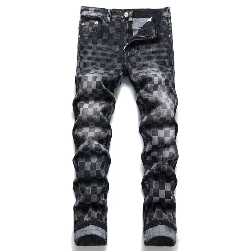 EH·MD® Checkered Embroidered Jeans Men's High Elastic Slim Cotton Leather Standard High Street Luxury Pants 3D Printing Gradient