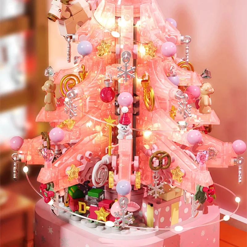 Sembo Roze Kerstboom Muziekdoos Bouwstenen Santa House Xmas Boom Decoratie Assembleren Bakstenen Speelgoed Diy Voor Kid Cadeau