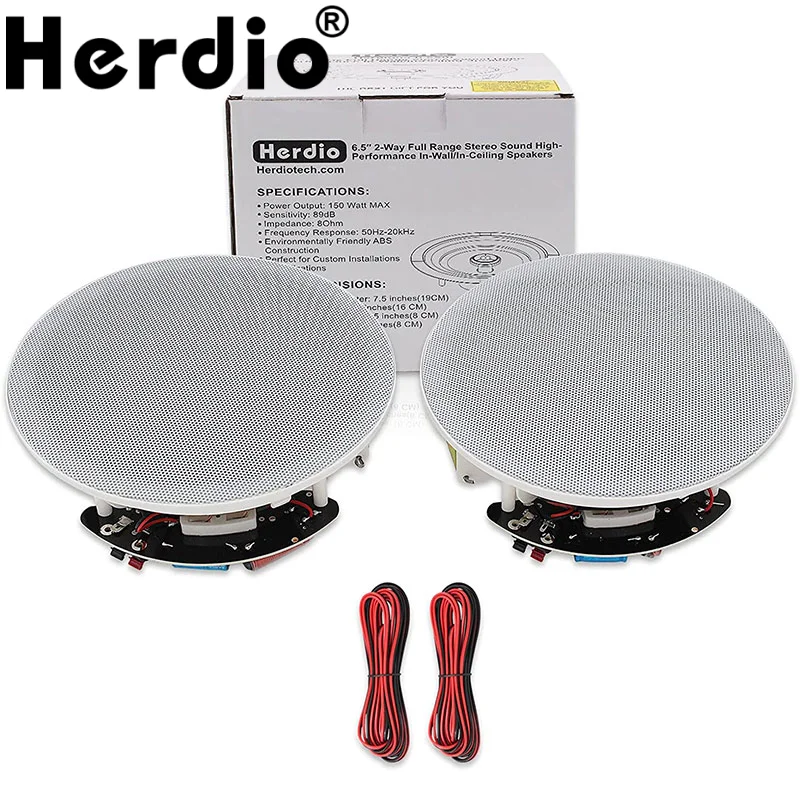 Herdio 6.5 Inch 300W Ceiling Wall Speaker Two-Way Home Speaker System For Wet Indoor Outdoor Kitchen Bathroom Covered Porch