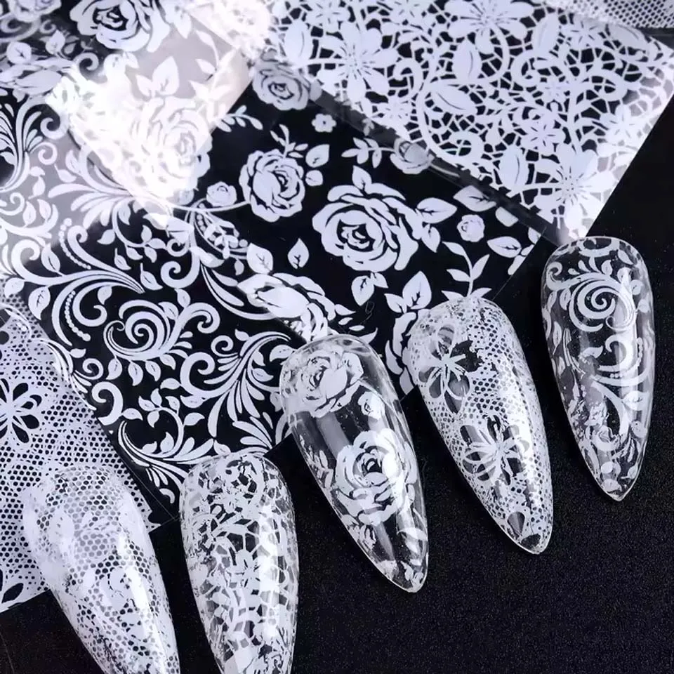 10 Sheets Lace Nail Foil White & Black Nail Stickers Design Transfer Foils Starry Sky Paper Nail Art Foil Decals for Nails Salon