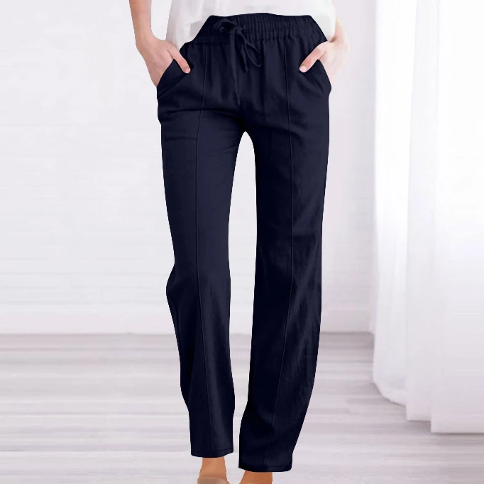 Women Full Length Shorts Cotton Linen Straight Wide Leg High Waist Loose Fit Drawstring Trousers Casual Large Size Long Pants