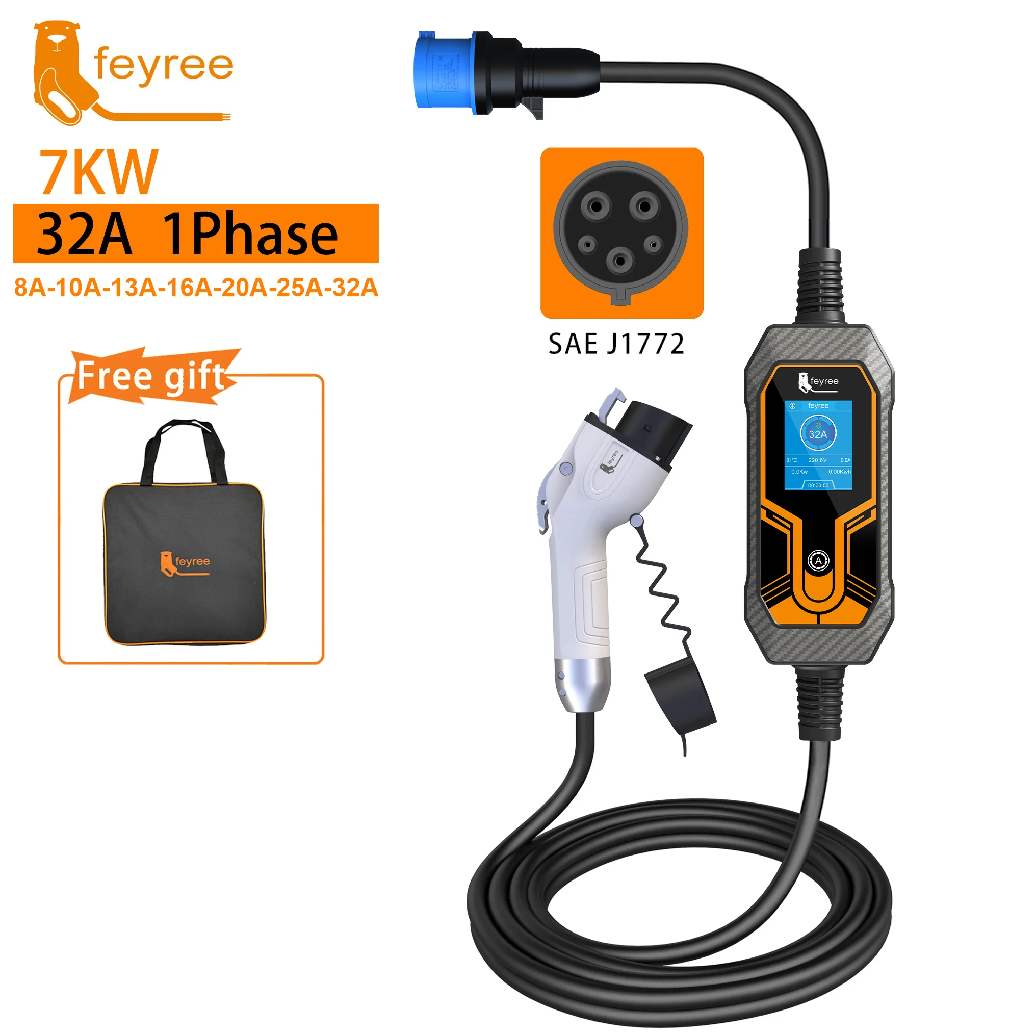 feyree Portable EV Charger Wallbox Type2 Cable 32A 7KW with CEE Plug EVSE Type1 Charging Box j1772 Adapter for Electric Vehicle