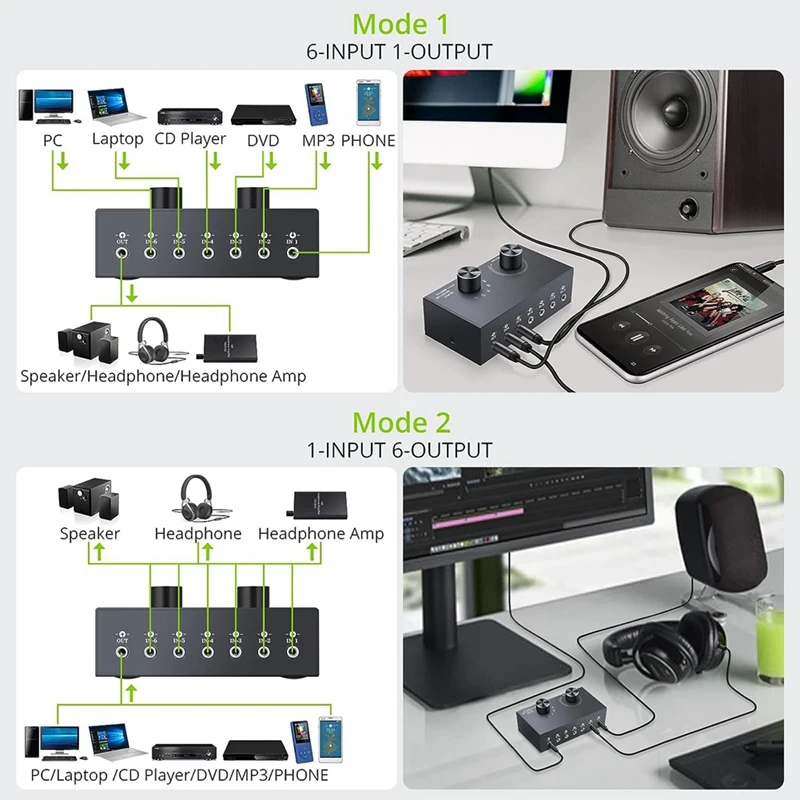 6 Ports 3.5Mm Audio Switch Bidirectional 3.5Mm Gray ABS Support 1 In 6 Out Or 6 In 1 Out For PC Phone Headphone