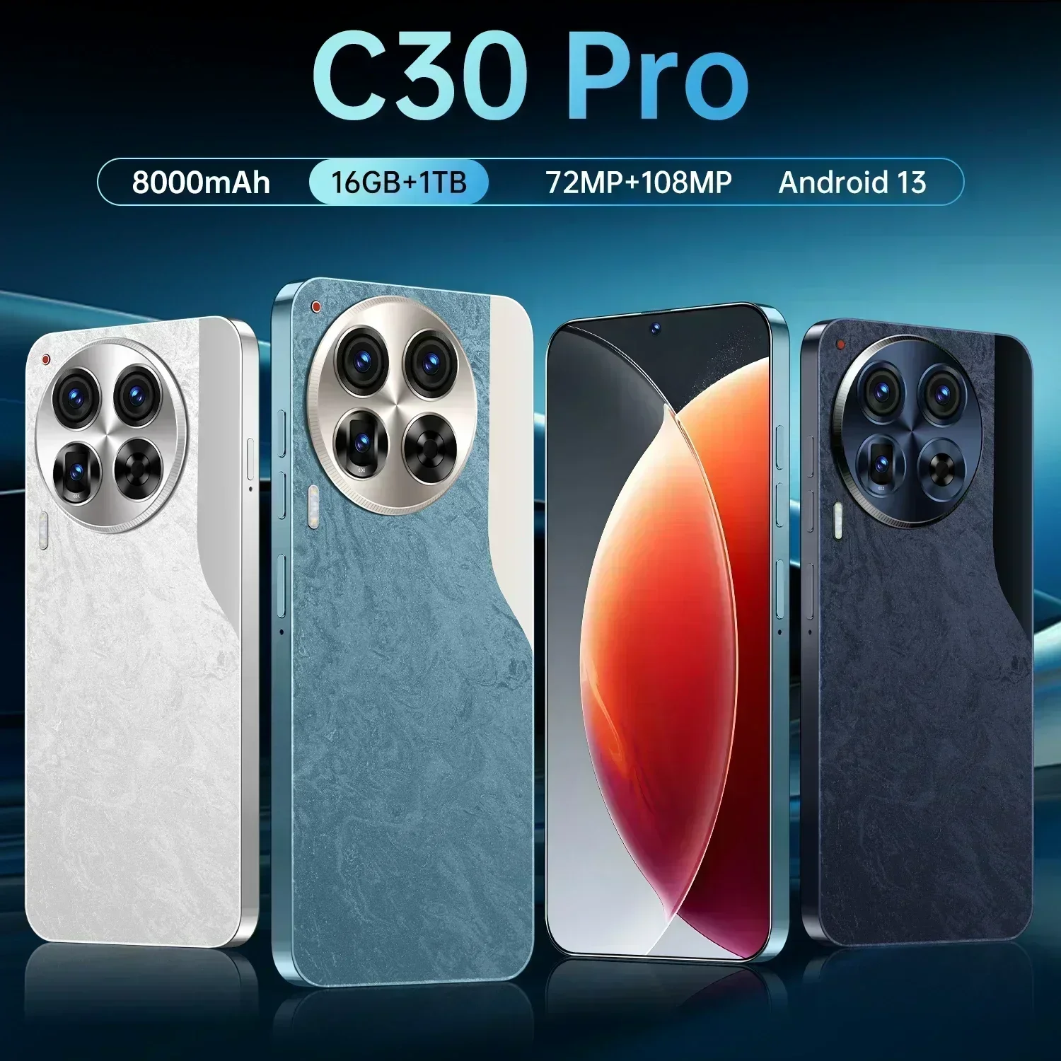 2025 New C30 Pro Smartphones 16GB+1TB Google NFC Celulares 7.3-inch HD 6800mAh 5G WiFi Cell Phones 48MP+108MP Mobile Phones