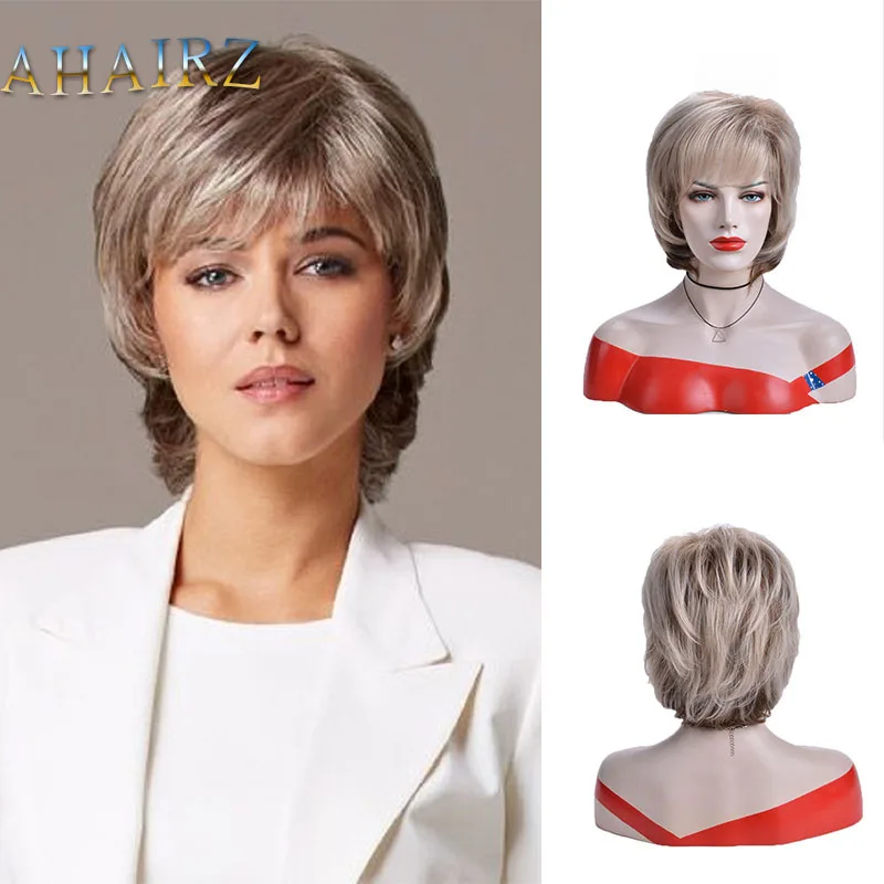 

Fashion Party Wigs Short Pixie Cut Wigs for Women Gold Brown Heat Resistant Syntheitc Natural Wigs with Bangs Mommy Wigs