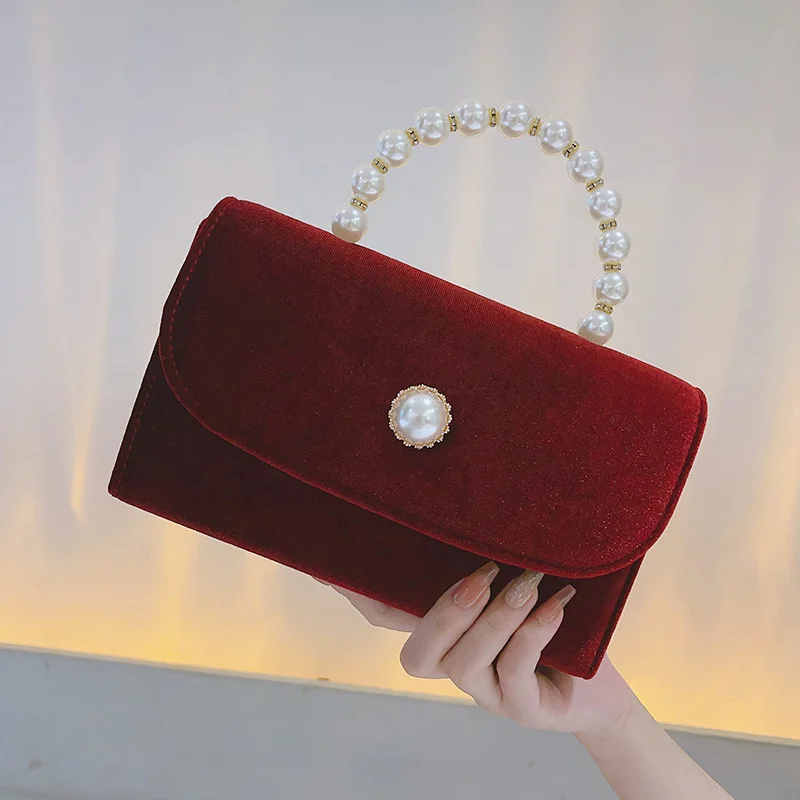 Vintage Elegant Evening Bag Fashion Chic Velvet Red Green Clutches Pearl Beaded Handbag For Women Prom Party Clutch Shoulder Bag