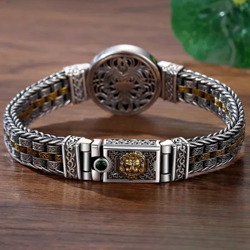 S925 Sterling Silver Retro Men's Hand-Woven Rattan and Grass Pattern Circular Color-Blocking Trendy Bracelet Jewelry Gift
