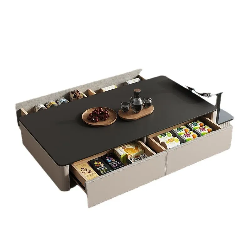 

Light luxury rock slab coffee table black and white rectangular saddle leather premium Italian minimalist coffee table
