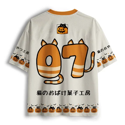 V Neck Mesh Jersey, Halloween Black Cat Pumpkin Bakery Print Short Sleeve Loose Street Top