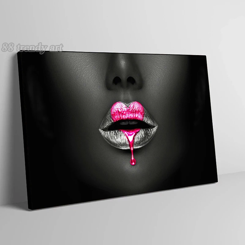 

Black Girl Water Drop Lips Art Canvas Painting Gold Pink Purple Lips Posters Mouth Wall Art Pictures Fashion Home Decor Mural