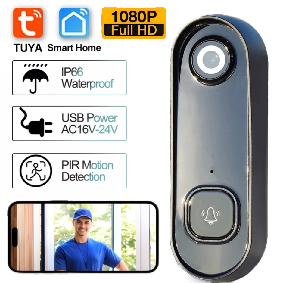 

Tuya 2MP Video Doorbell Camera Wifi PIR Motion Detect Home Alarm Night Vision Door Bell Intercom Waterproof Wireless Doorbell