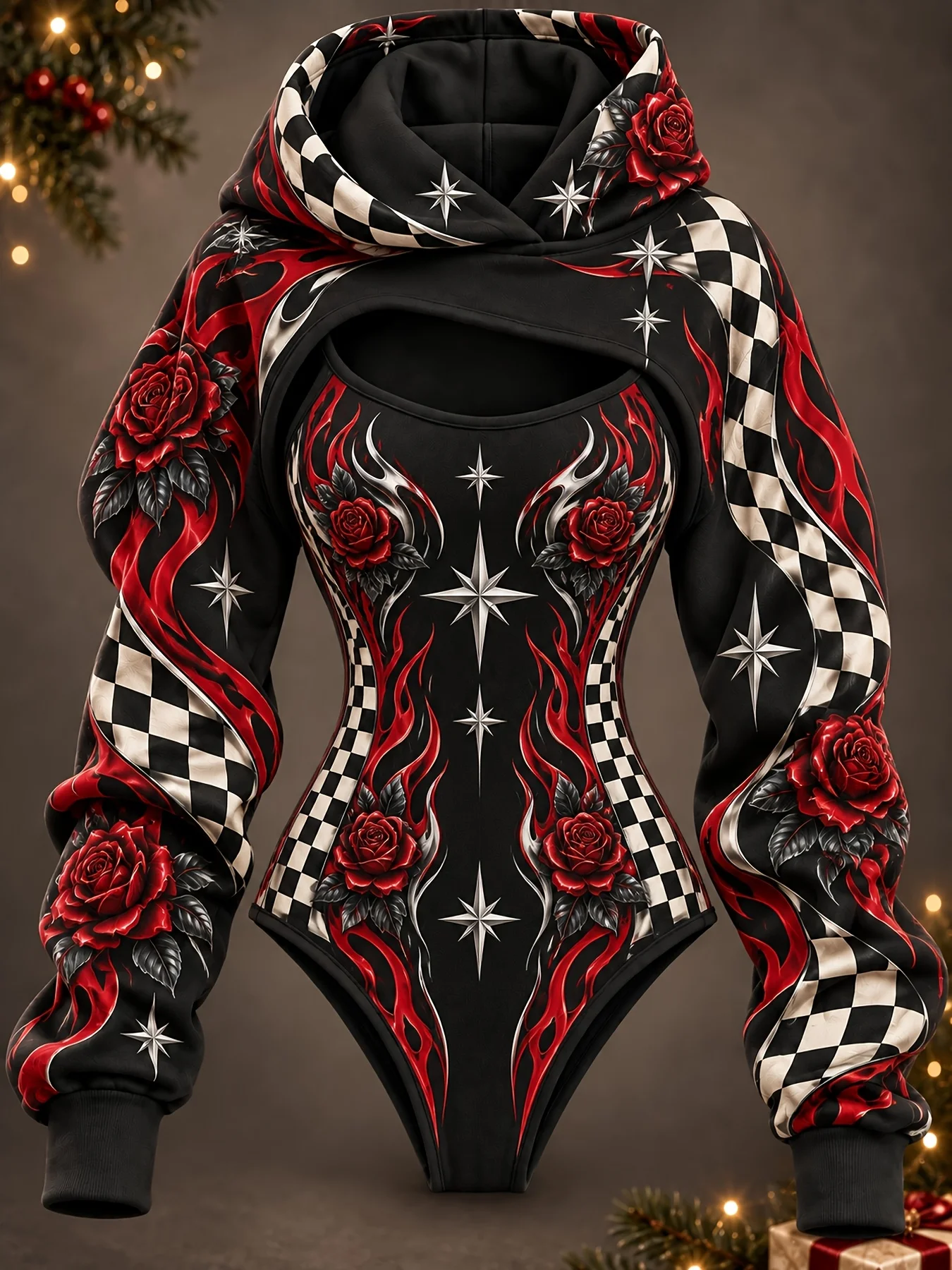 Women's Racing Checker Roses Print Cutout Hooded Sweatshirt Bodysuit Two-Piece Set Long Sleeve Casual Fall Winter Outfit