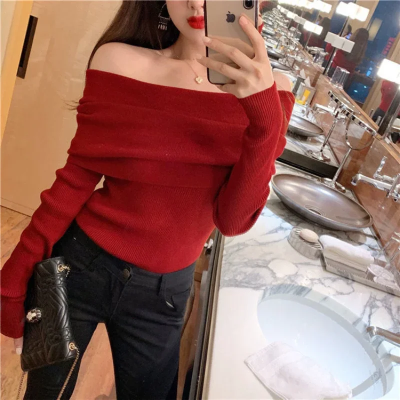 

Sweaters Women Long Sleeve Sexy Knitted Pullover Y2k Tops Off Shoulder Luxury Birthday Party Dresses Korean Fashion New Slim