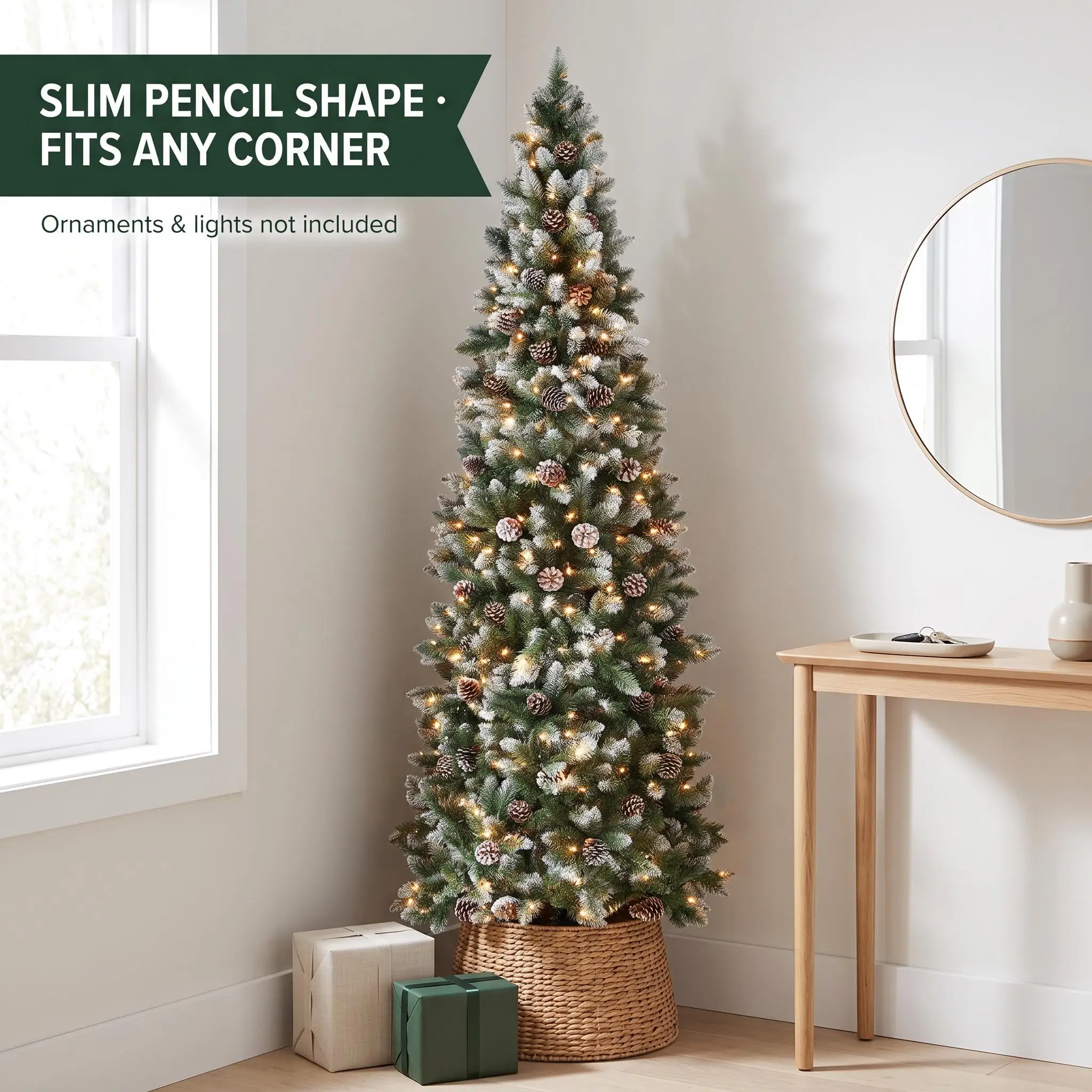9FT Pre-Lit Slim Pencil Christmas Tree with Pine Cones 450 Warm White LED Lights Flocked Artificial Holiday Xmas Decor with Collapsible Base for Indoor Use