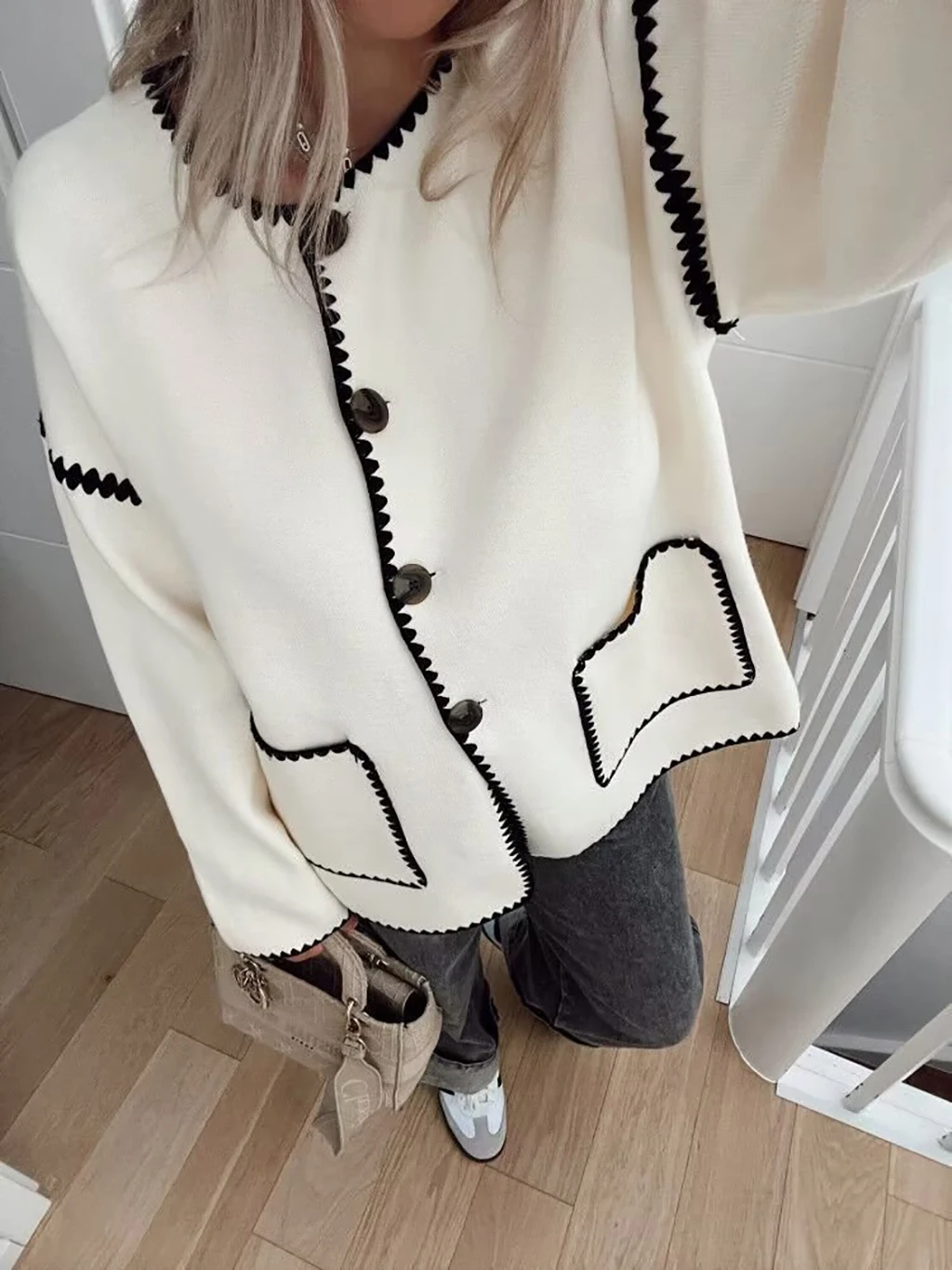 Women Contrasting Colors Quilted Coat Single Breasted Loose Autumn Winter Coats Female Casual All-match Warm Street Tops