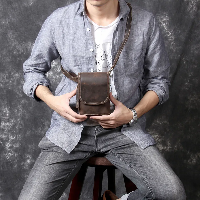 High quality simple crazy horse cowhide men's messenger bag casual vintage genuine leather small shoulder bag phone belt bag