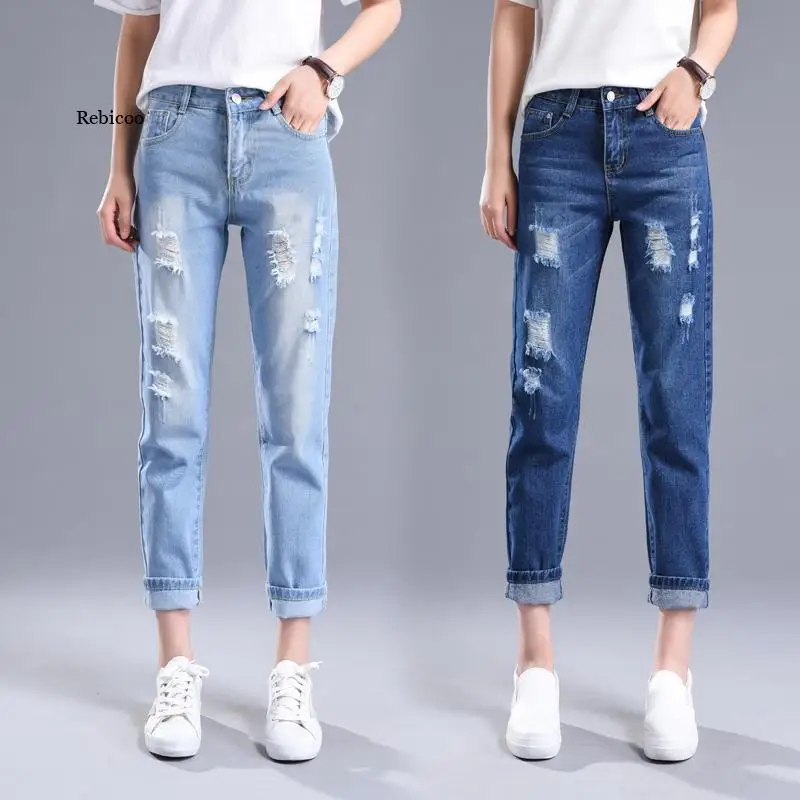 Summer New Mid Waist Denim Jeans Female Korean Thin Hole Elasticity Water Wash Fashion Casual Pants