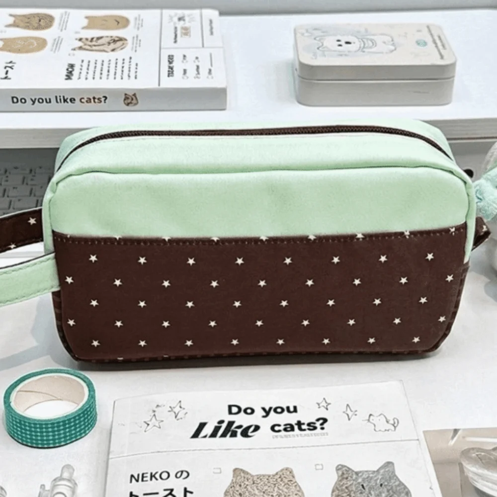 Canvas Cartoon Cat Print Pencil Case Four-Leaf Clover Print Zipper Stationery Bag Large Capacity Multi-Pocket Storage Bag School