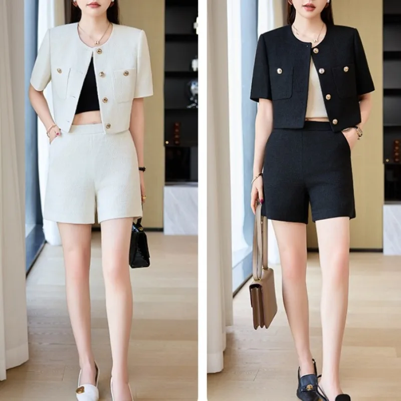 Luxury Blazer White Small Fragrance Short Sleeve Jacket Women\'s Summer Loose Thin Versatile Top Shorts Professional Black Suits