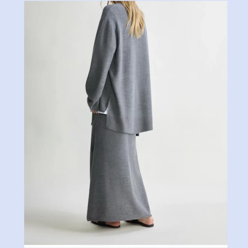 Washable wool minimalist honeycomb texture rolled edge deep U-neck knitted sweater + skirt set