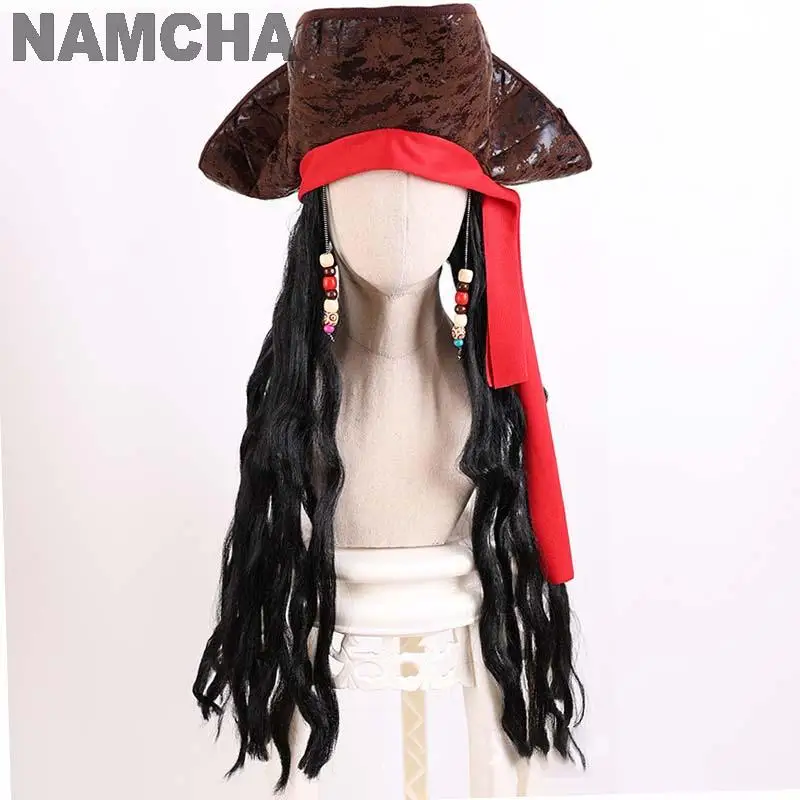 Perruque et Chapeau de Cosplay de Capitaine Jack Rotterdam Row, Cheveux Longs Bouclés Noirs, Casquette de Pirate Adulte, Spectacle de Scène, Accessoires de Costume d'Halloween, 7,5