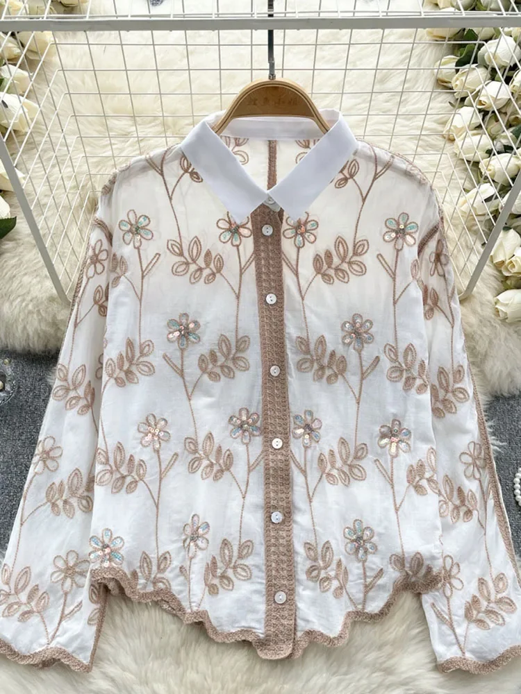 Litmage Women Shirts Spring New Heavy Industry Sequined Embroidered Blusas high street Wave Edge Slim Appearance Thin Top BL003