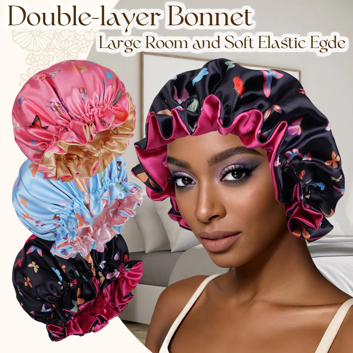 Women's Adjustable Satin Butterfly Sleep Cap with Lace Trim Double Layer Hair Protection Head Cover for Sleep And Makeup Accesso