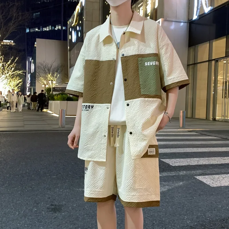 Men Color Block Patchwork Two Piece Set Summer Ice Silk Short Sleeve Shirt Shorts Teen Streetwear Casual Outfit S-6XL