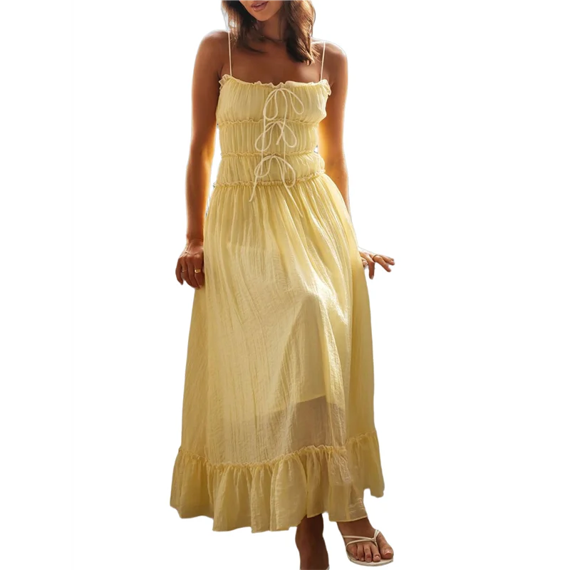 【SEE】สตรี 2025 ฤดูร้อนชุดลําลองสปาเก็ตตี้สายคล้องคอ RIC Rac Trim Smocked Ruffle Beach Long Maxi Dress