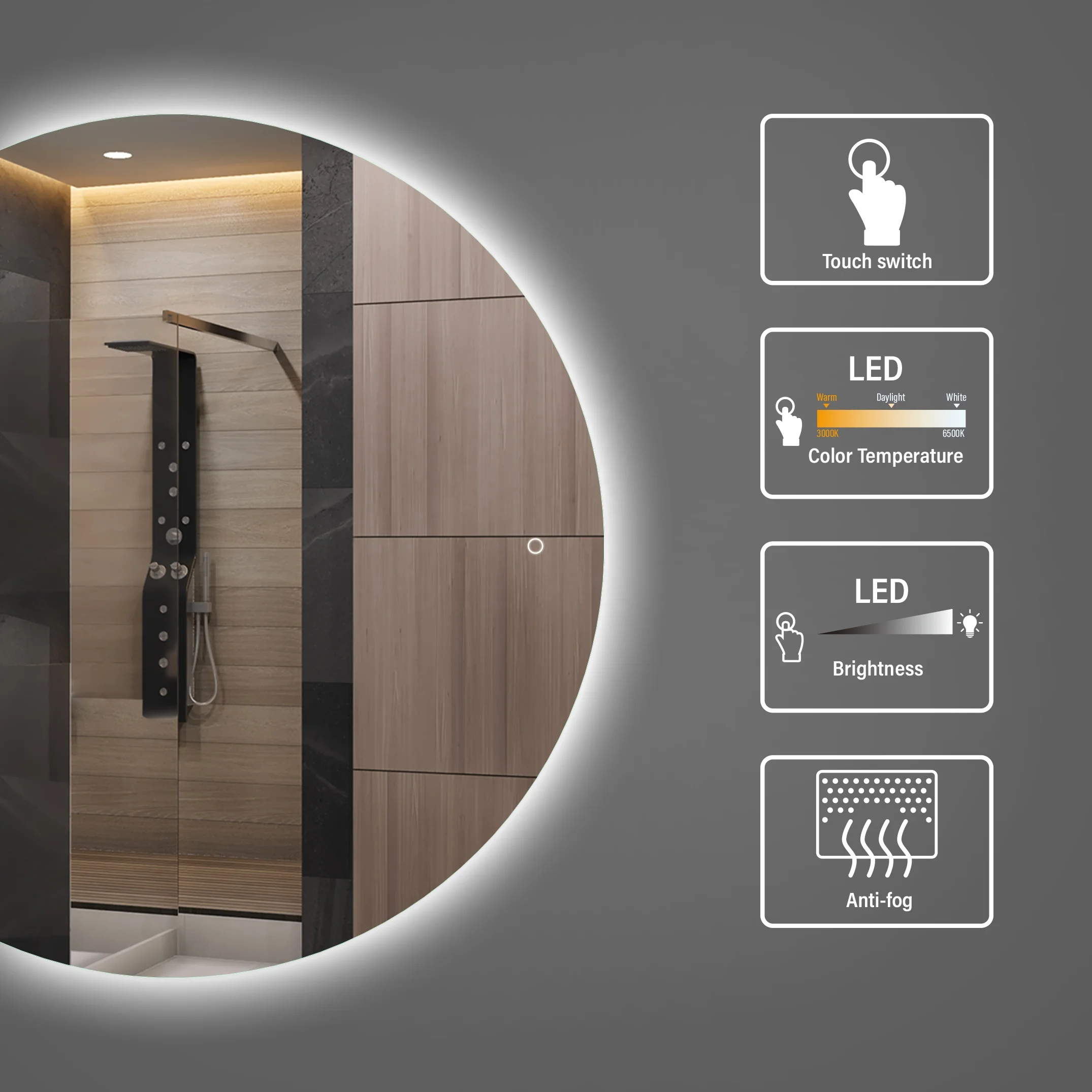 กระจกติดผนังทรงครึ่งวงกลมเรืองแสง สไตล์โมเดิร์น สำหรับตกแต่งห้องนั่งเล่น