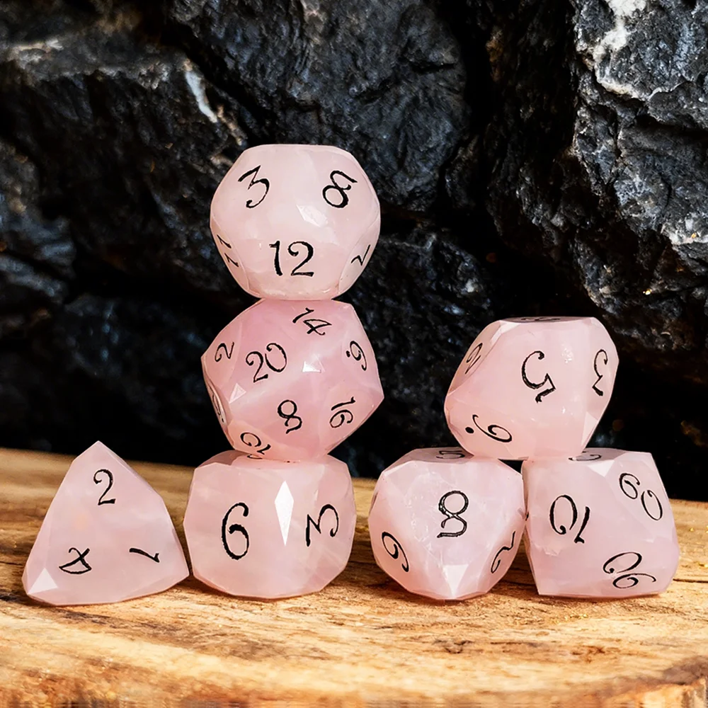 Pink Crystal 7-Piece Dice Set – Rose Quartz Polyhedral Dice with Black Ink Numbers, Perfect for Dungeons & Dragons, Tabletop RPG