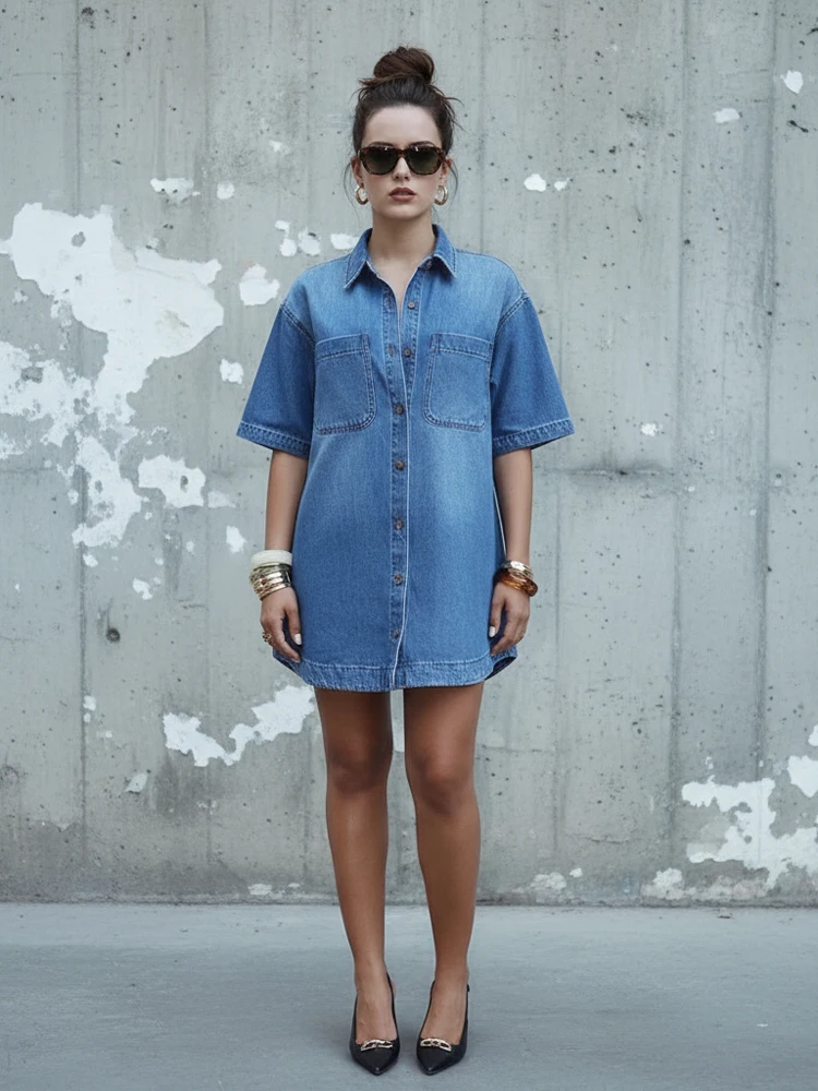 

Винтажная джинсовая рубашка с коротким рукавом для женщин, повседневная, с отложным воротником, на одной пуговице, свободного кроя, весенняя, для ежедневной носки, верхняя одежда, новинка 2026 года