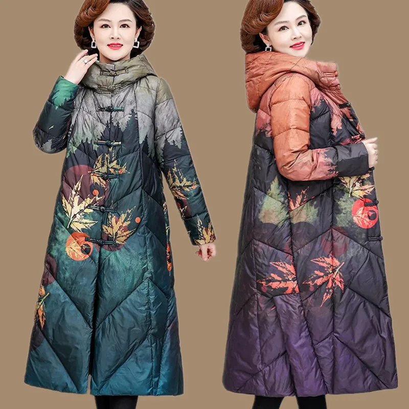 Winter Fall Women Hooded Floral Printed Long Parka Coat , Woman Warm  Flower Pattern Printed 4xl 5xl Parkas Coats with A Hood