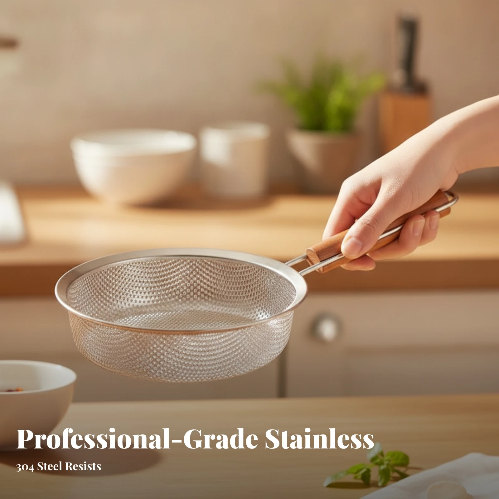 Skimmer Spoon with Wood-Grain Handle Rust-Resistant Strainer Skimmer Perforated Colander Spoon Easy to Clean Kitchen Utensil