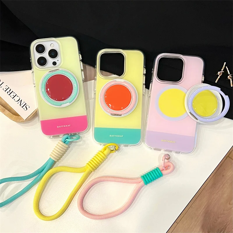 

Cute Collision Color Magnetic Phone Case For iPhone 17 Pro 15 14 16 Pro Max Cover with Magsafe Stand Hand Rope Shockproof Funda