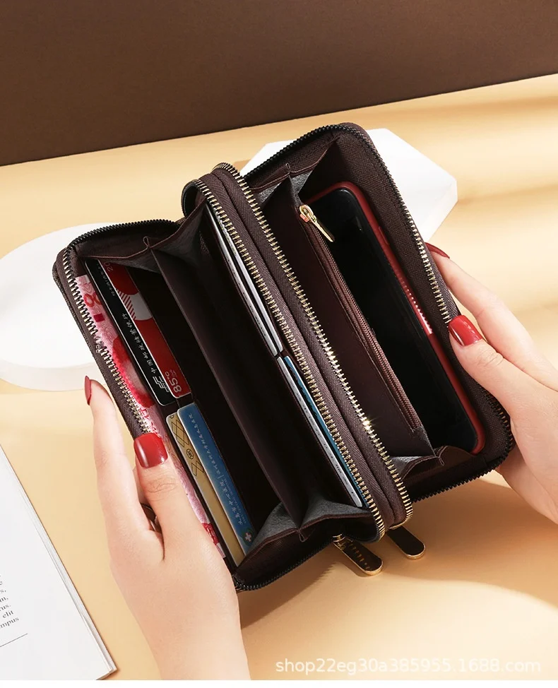 Damen-Geldbörse Lang mit Großer Kapazität, Münzfach und Doppelreißverschluss, Multifunktionale Clutch-Tasche für Mobiltelefone und Münzen – Detail 3
