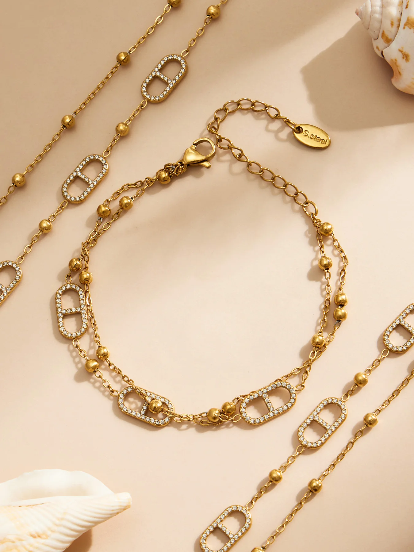 316L Edelstahl Y-Halskette Armband Set, Zierliche 18k Vergoldete Ketten-Halsketten und Armbänder, Statement-Schmuckset für Damen – Detail 14