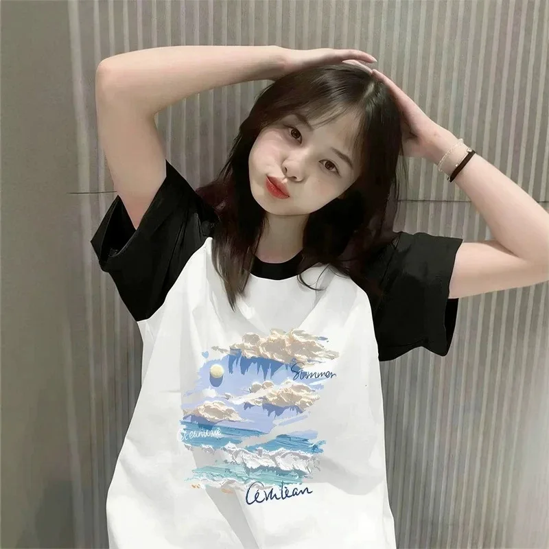 Y2K Ocean Sunset Cloud Printing Raglan Oversized Cream 100% Cotton Summer T Shirt Korean Fashion Preppy Style Harajuku Couples