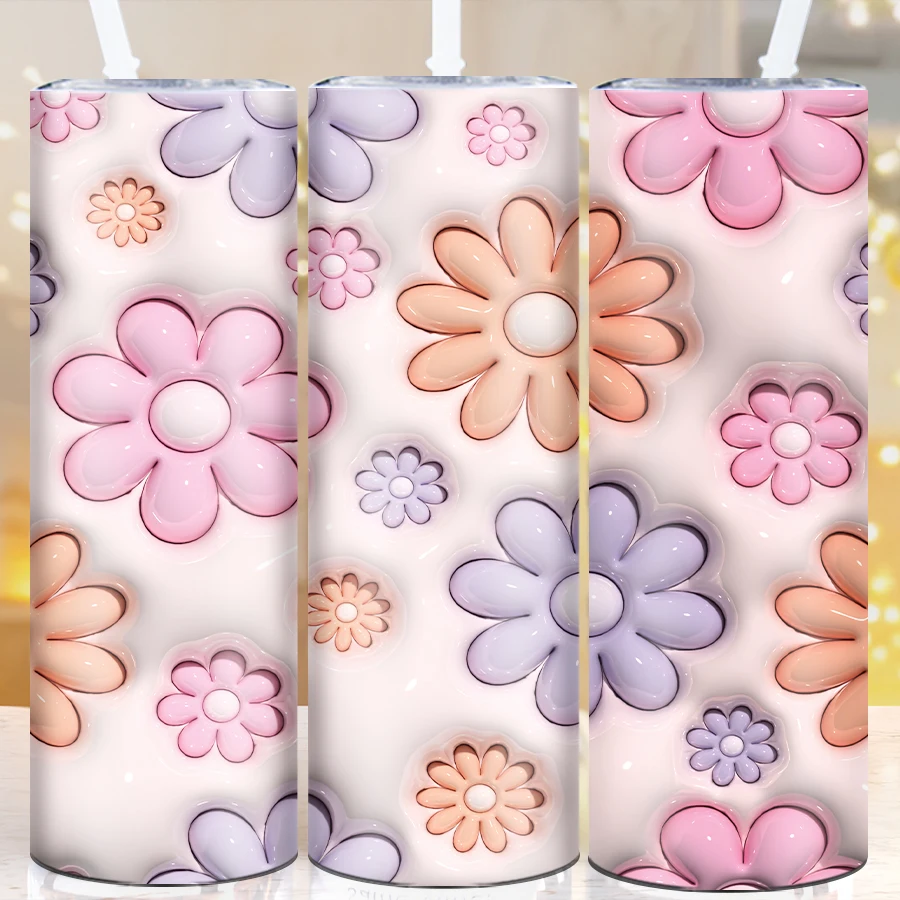20oz 3D Print Cute Daisy Tumbler Straw Lid Stainless Steel Hot Cold Insulated Bottle Christmas Family Birthday Gift For Her
