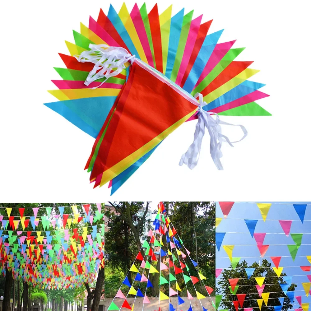 100pcs 50m Multicolored Triangle Flags Bunting Banner Nylon Festival Outdoor Colorful Decoration decoração batizado menino