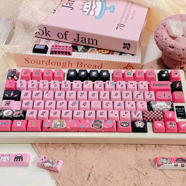 Apt Meow Theme Keycap Pbt Full Five-Sided Sublimation Keycaps Longcheng Hi75 Hi8 Full Set Cherry Mda Pink Cute Cartoon Keycaps